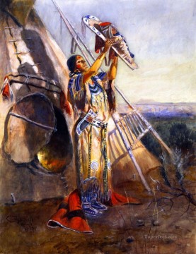 1907 Lienzo - El culto al sol en Montana 1907 Charles Marion Russell Indios Americanos